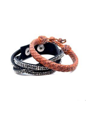 2 Rhinestones and Brown Braided Bracelet Lot (d)